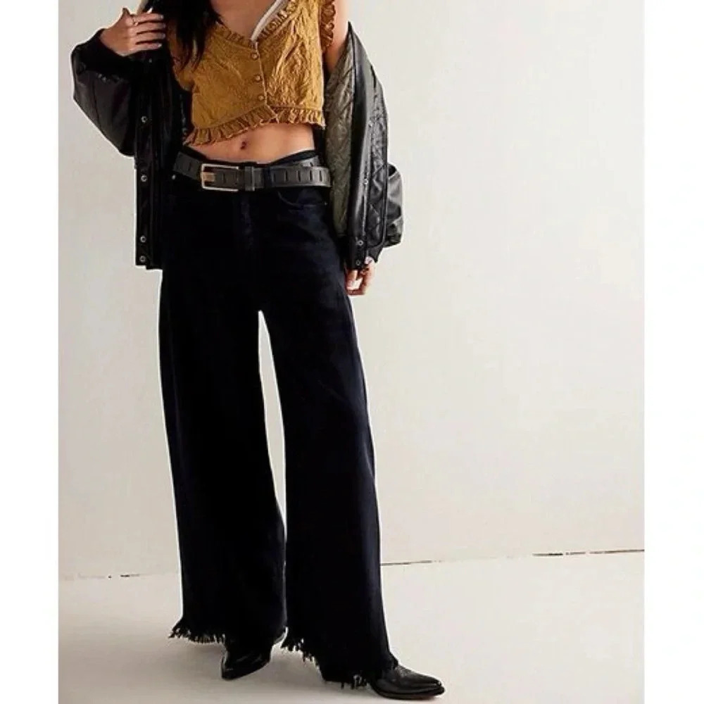 NWT Free People Old West Wide Leg Slouchy Jeans Black 31